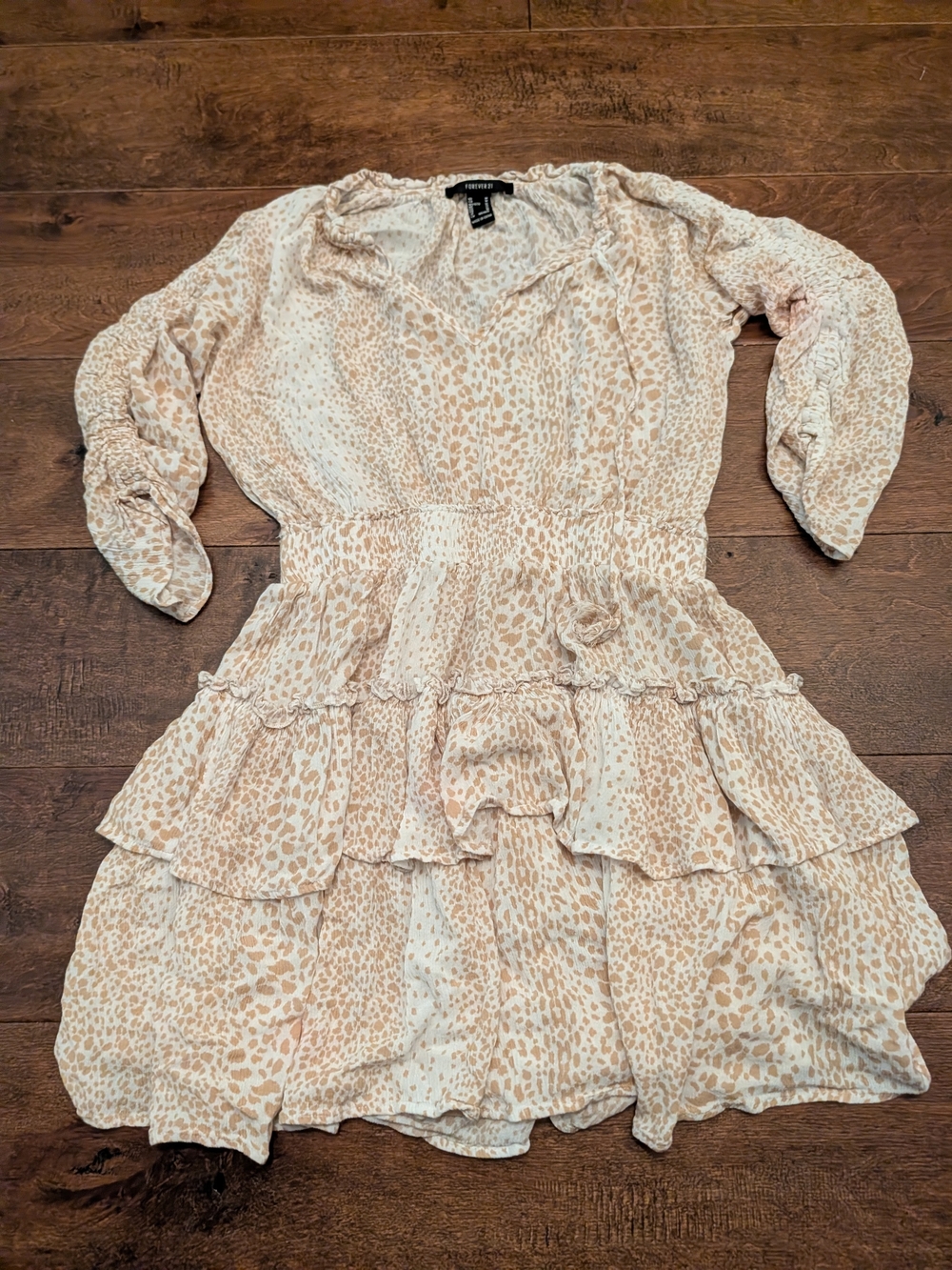 Forever 21 Cream & Light Beige Animal Print Tiered Mini Dress